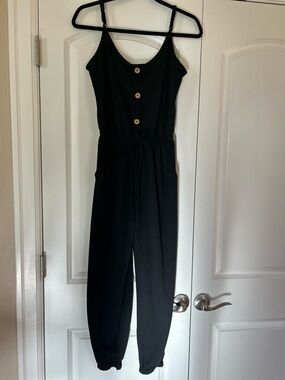 Ambiance Black Spaghetti-Strap Button-Front Jumpsuit with Drawstring Waist